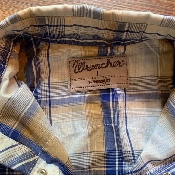 Wrangler Wrancher Pearl Snap Western Shirt Men’s Blue Plaid Size Large Cowboy - Picture 9 of 16
